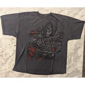 Y2K VTG Skeleton Guitar Roses Shirt Mens Blk XL Faded Goth Grunge Punk Emo